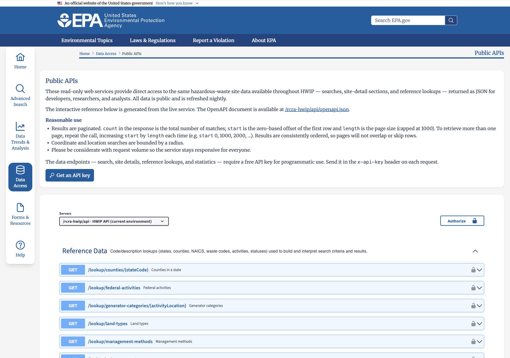 The RCRAInfo HWIP Public APIs page with usage guidance, API-key registration, and integrated Swagger documentation