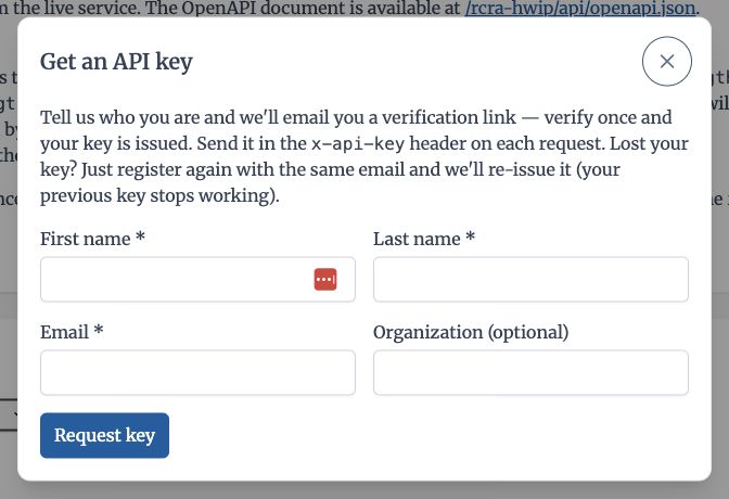The HWIP Get an API key dialog with fields for name, email, and optional organization